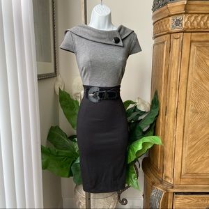 London Times gray black boat neckline colorblock belted midi dress